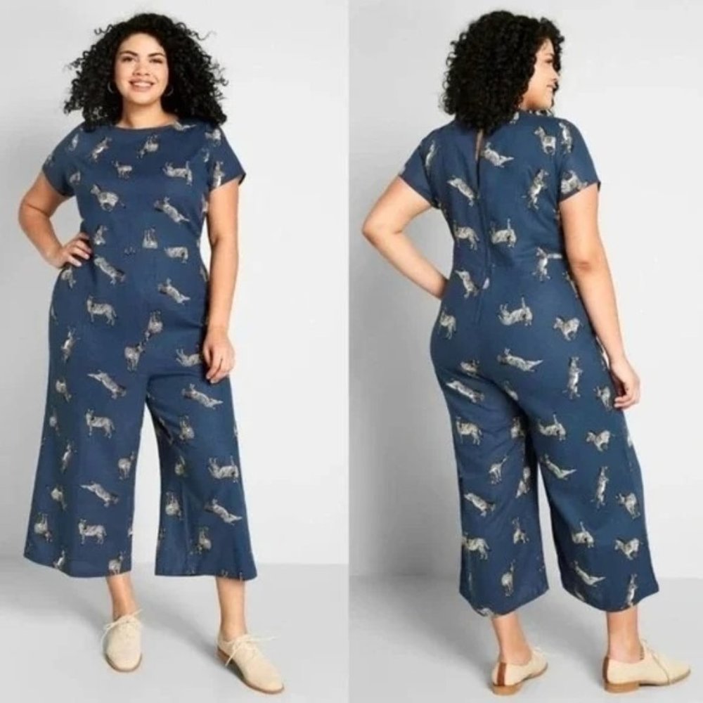 Modcloth Blue Zebra Bold Notion Wide-Leg Short Sleeve Jumpsuit Plus Size 2X